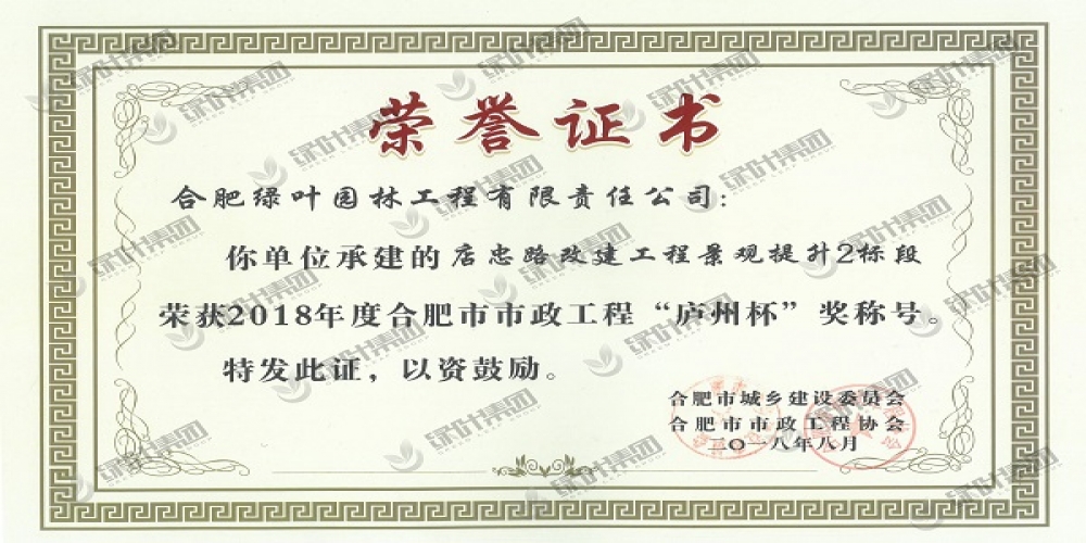 綠葉公司喜獲2018年度“廬州杯”獎(jiǎng)