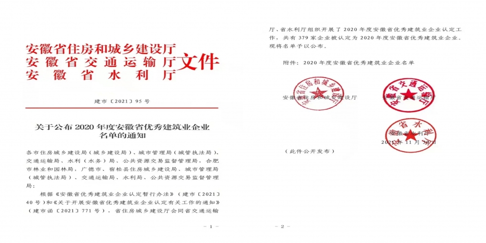 喜報：綠葉集團榮獲“2020年度安徽省優秀建筑業企業”稱號
